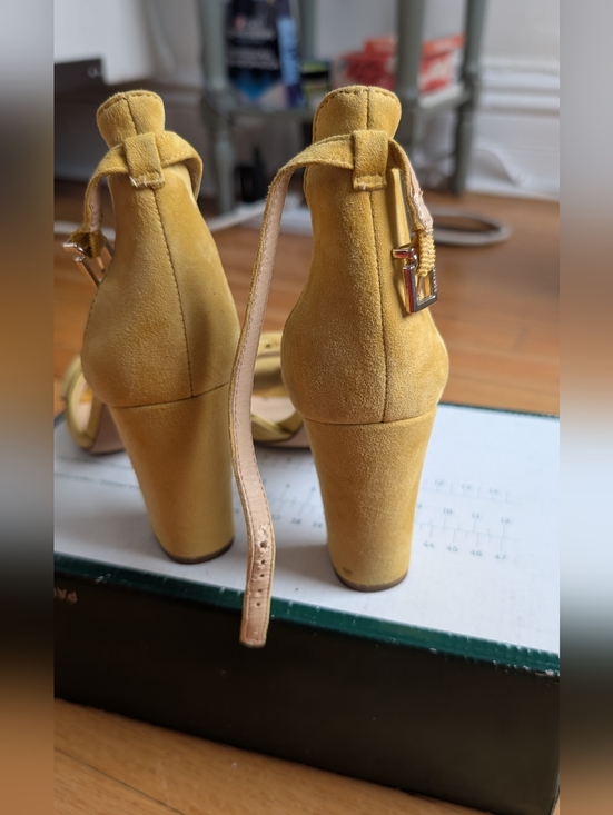Vince Camuto Mustard Suede Knotted Open-Toe Ankle Strap Heels - Picture 3 of 5